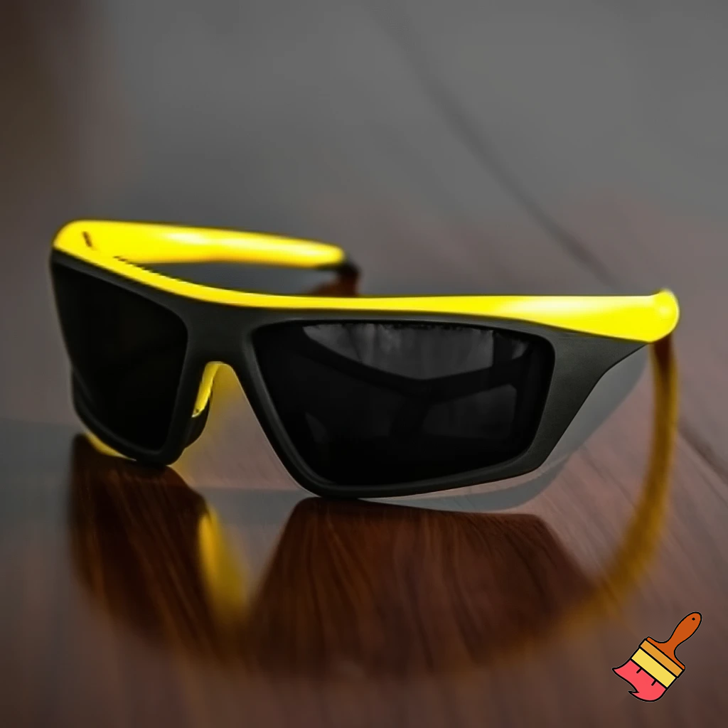 black tinted super-sport sunglasses on a table with yellow arms
