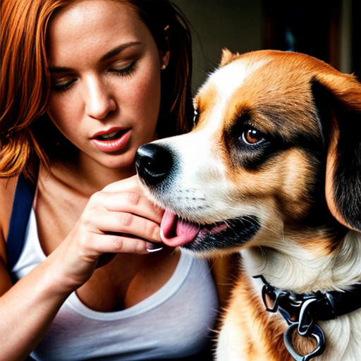 A naked ginger woman giving a male dog a blow job
