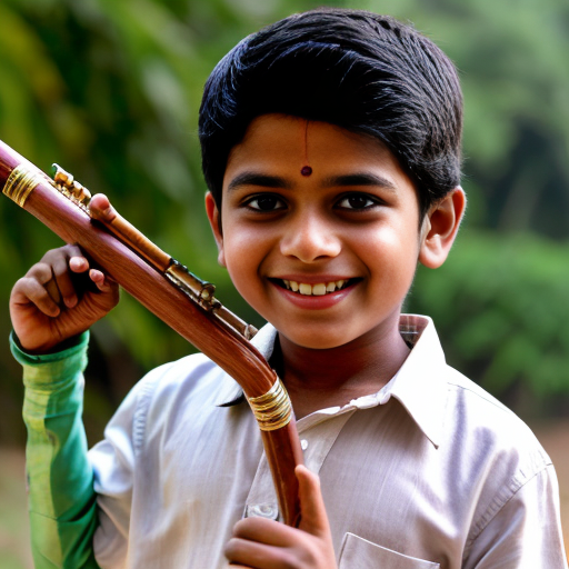 Krishna, a young boy, with his flute, standing happily with a bright smile.