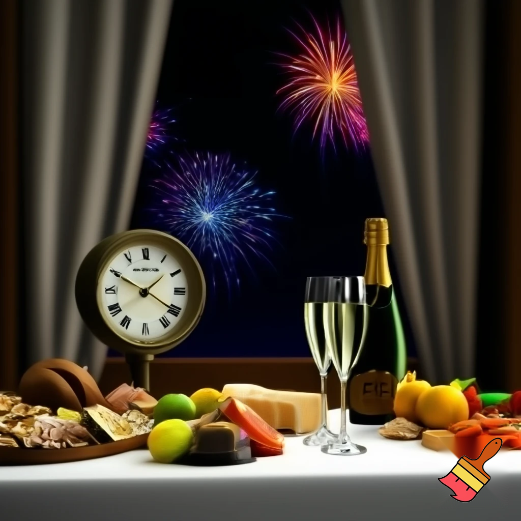 on the table a white tablecloth, two glasses of champagne, a bottle, hanging colorful paper streamers, snacks and fruit, next to it there is an old clock with numbers, the hands of the clock are at 12 o'clock, in the background there is a window with curtain and fireworks outside the window