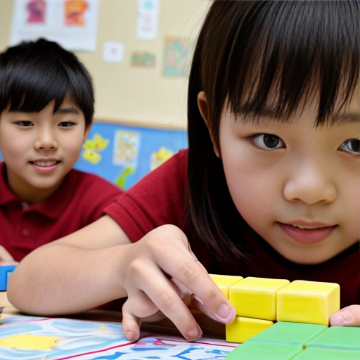 One asian student and 1 blonde student and 1 red haired grade 3 boys and girls making patterns with blocks while only wearing tabbed diapers