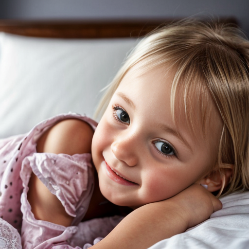 swedish blonde little girl  at night dress, very beautiful, on the bedroom, close up
