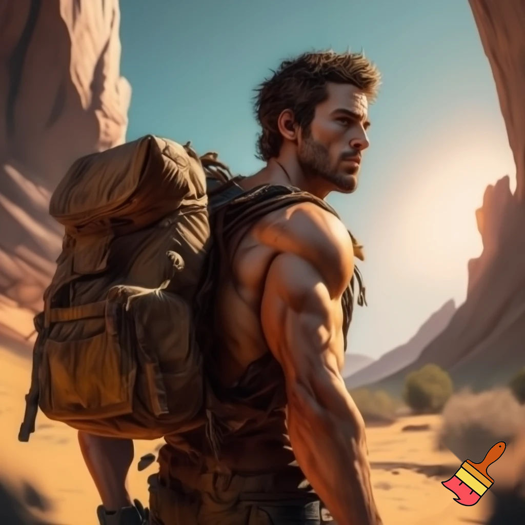 shirtless overall and backpack add