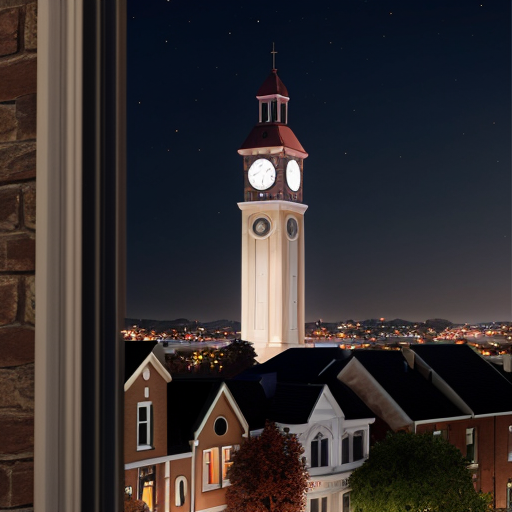 view from a window on a small town at night, the clock tower at the right side and fireworks on the sky