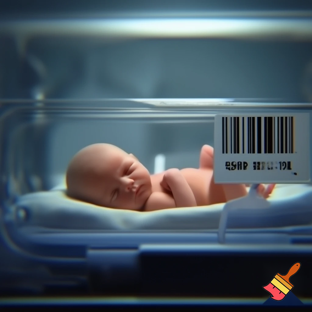 un bebé en una incubadora con un código de barras y una etiqueta con un precio 