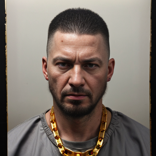  rat, evil, sinister, wearing prison outfit, mugshot style, gold chain
