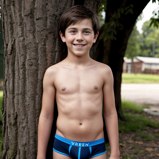 A visibly embarrassed ten year old boy poses outdoors in front of a tree in his briefs. He is black. He is chubby.