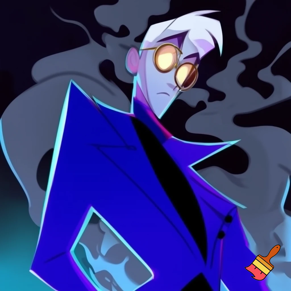 A tall, lean pale man with white hair, distinctive round brass glasses he has a stern look on his face. his face In cartoonish art style of hazbin hotel wearing his signature blue overcoat and smoke curling around him
