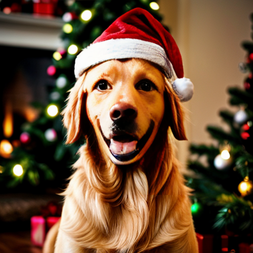 een golden retriever bij de kerstboom met een kerstmuts op
