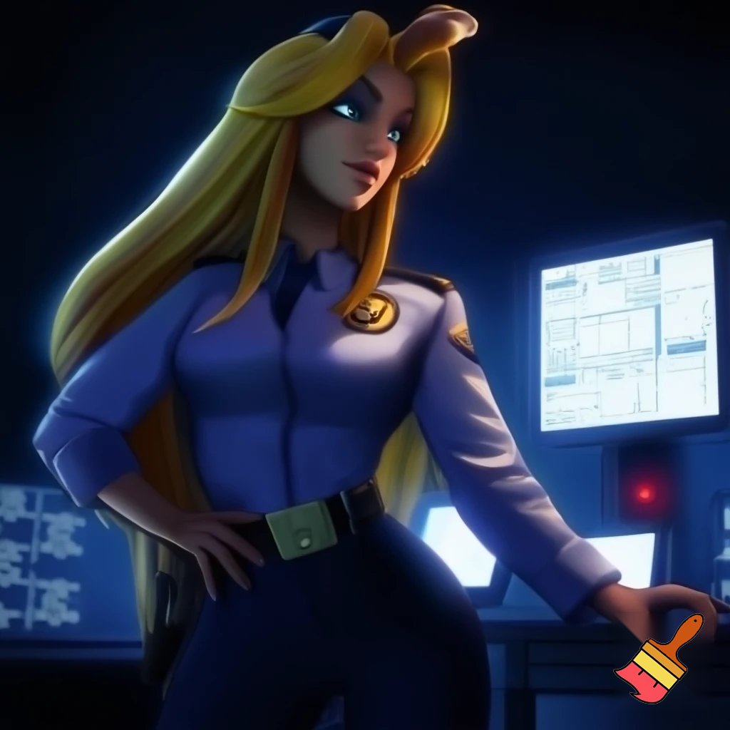 Vanessa from five nights at Freddy’s security breach with her extremely long blonde hair down; while wearing a proper security/ night guard outfit 
