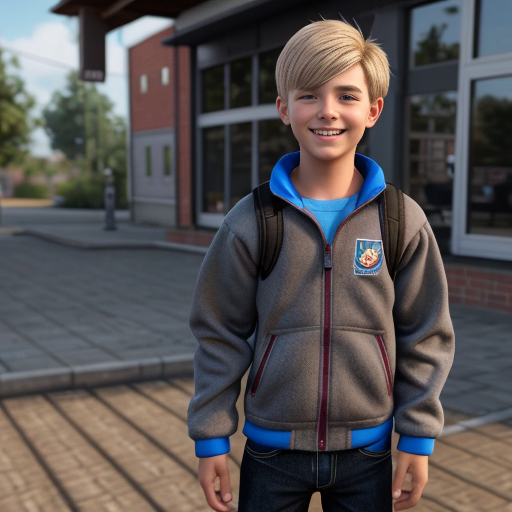 16 years old boy with blond hair, blue eys but a very small figure, he is not taller than a 4 years old boy. He is wearing a grey fleece jacket  with open zip and a blue tshirt, short jeans and a blue school backpack looking real. He is smiling and on the way home from school
