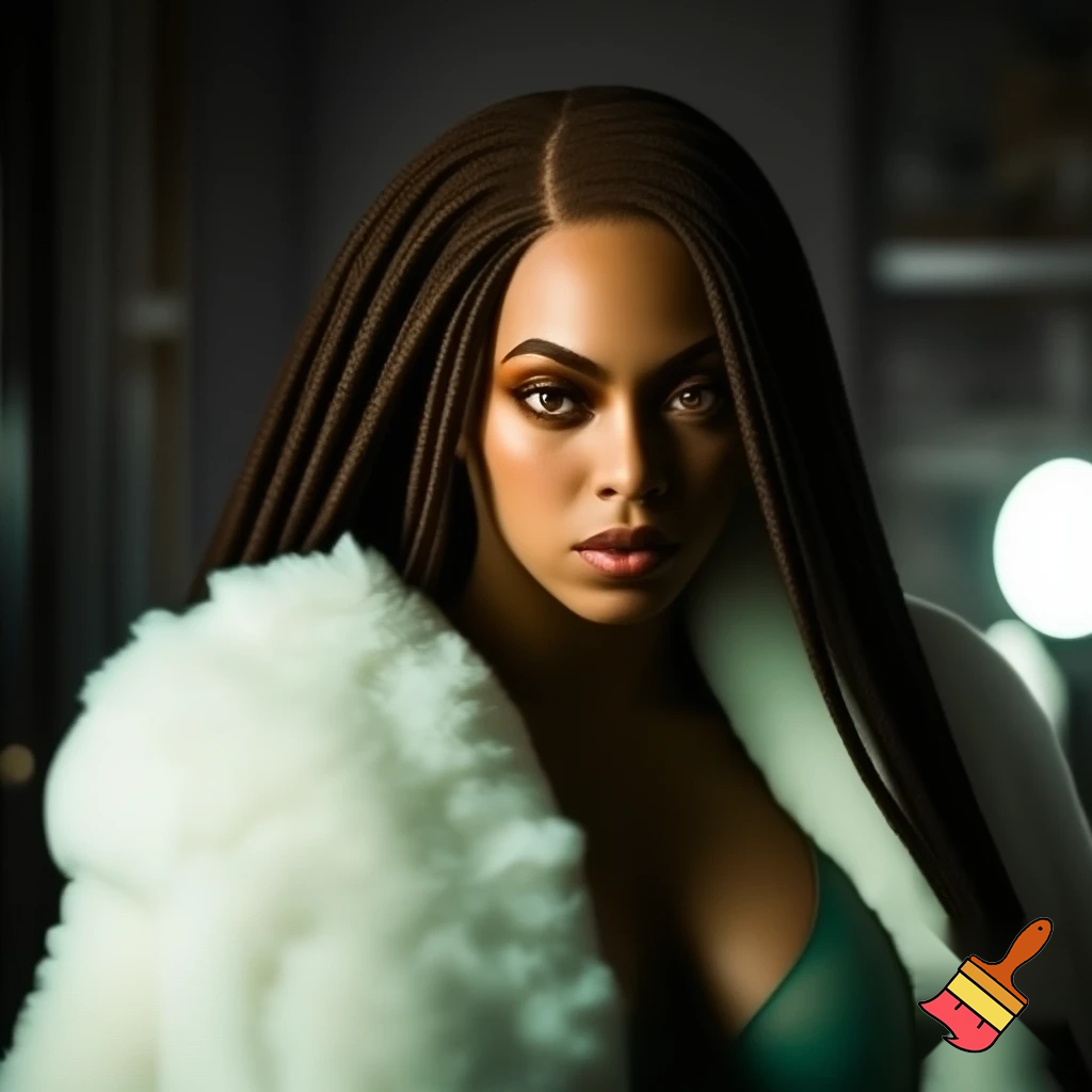 Beyonce with long african brown box braids with brown makeup wearing a dark pastel transparent green bodysuit with a white fur coat on selfie angle face ,confidence bad bitch 