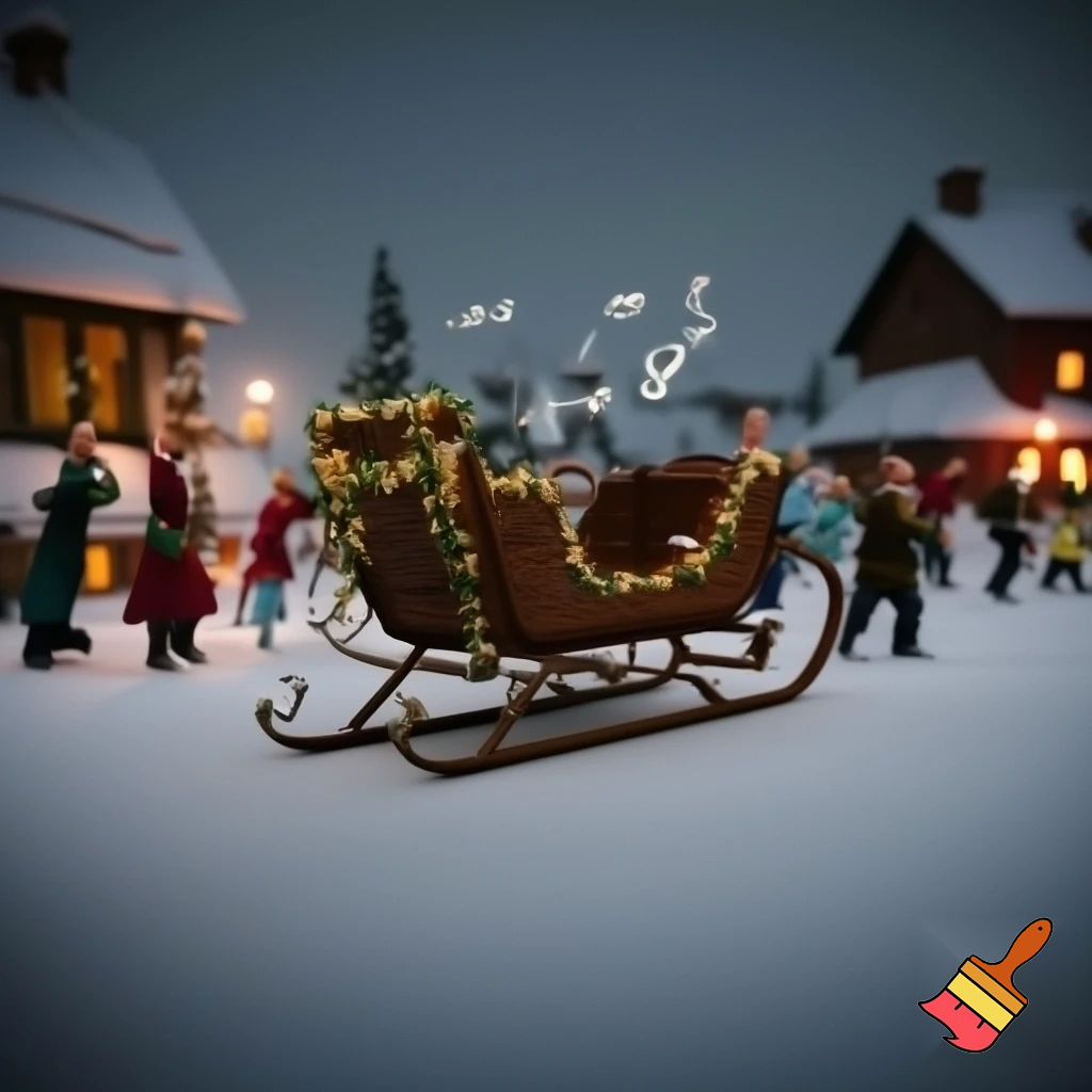 Un traineu  de noël qui vole tout  seu lance de la musique  et tout  le  monde  danse  du village