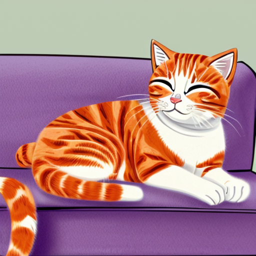 A fluffy orange cat sleeping on a sofa, peaceful expression, warm cosy colours in cartoon style