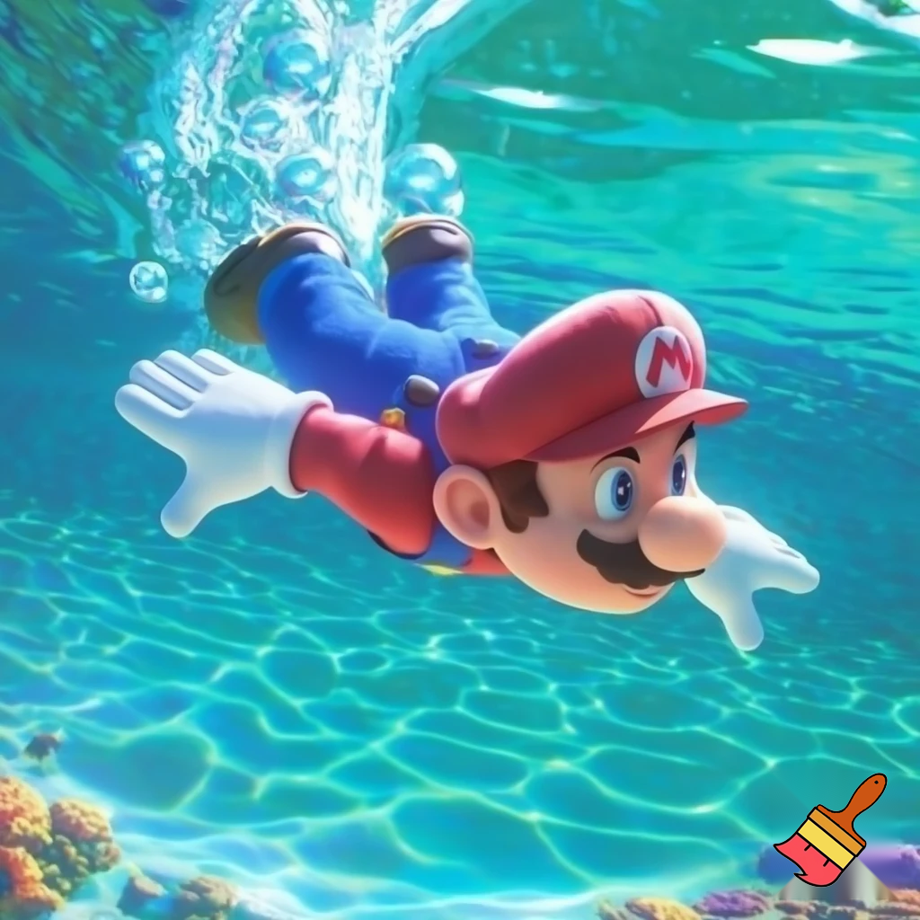 mario going for a swim, cartoon art style.