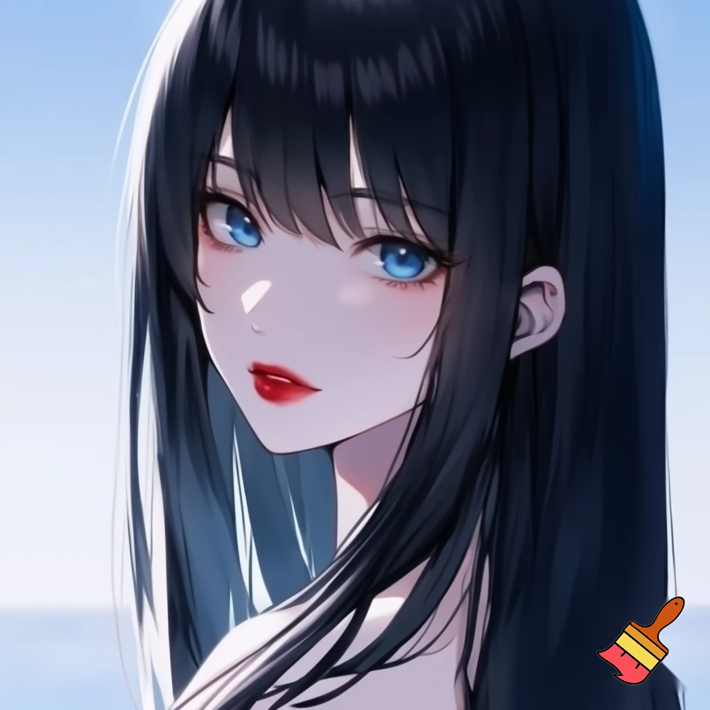 Female lead manhwa long black straight hair , ocean blue eyes, white skin ,red lips