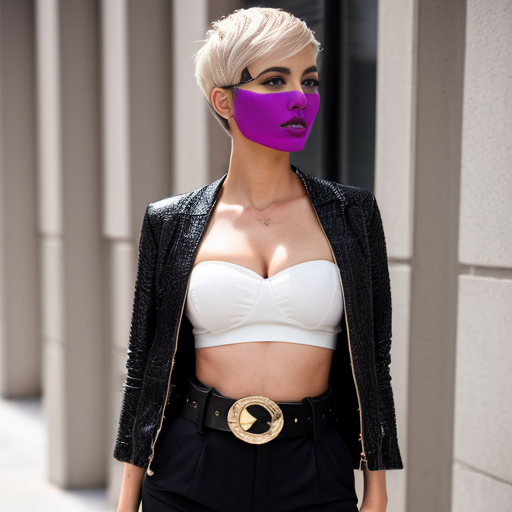 Attractive woman with an ash blonde pixie cut and a slim build wearing bold makeup wearing a cropped jacket, a bandeau top, cigarette pants with a belt and peep toe chunky heels 