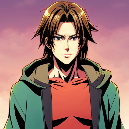 Super tuff nonchalant anime dude with a red shirt, black hoodie and blue eyes also give him brown shiny hair