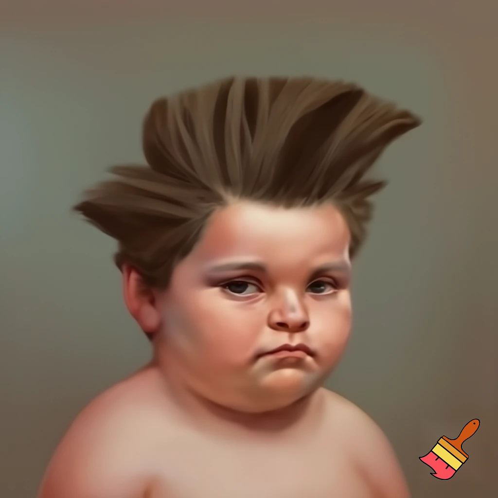 A 13 year old overweight boy with thick brown hair cut into a shape of toilet brush