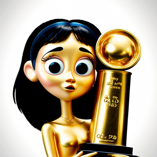 the emotion proud one person gold holding trophy Pixar cartoon style gold skin big eyes 
