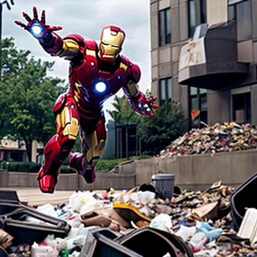 iron man bajando volando a un parque lleno  de basura con una escoba y un basureron en modo animado