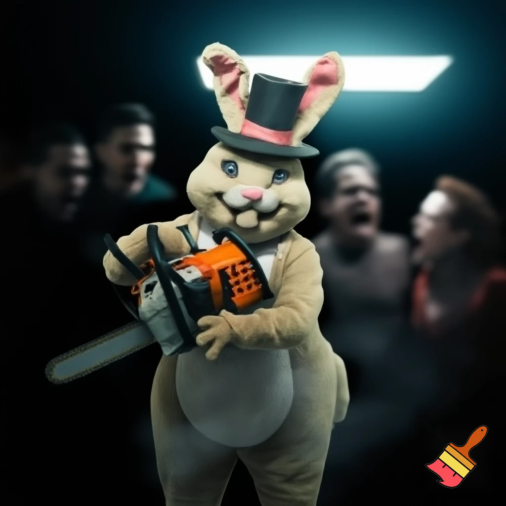 Easter bunny with a chainsaw with a top hat mascot costume go to naughty people angry Easter bunny