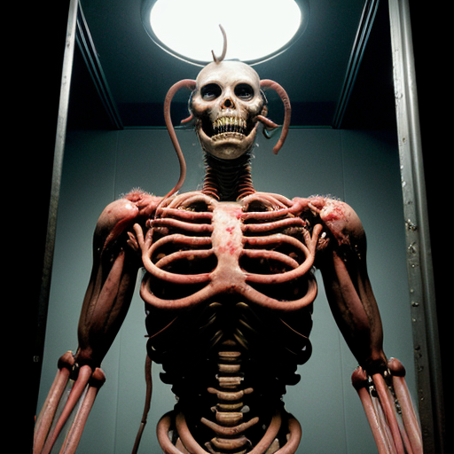 Hyperrealistic forensic/body-horror photograph, ultra-detailed 8k cinematic still, industrial meat-processing corridor or abandoned surgical facility with bright harsh fluorescent overhead lights and cold blue-white glow, reflective stainless steel walls and grated metal floor covered in pools of congealed blood and viscera, thick clusters of organic fleshy tubes/pipes (veiny meat tentacles fused with rusted metal pipes) running along ceiling and walls dripping blood and slime, central figure is a massive grotesque biomechanical abomination fused to a metal chair/gurney, humanoid torso with pale waxy skin split open exposing raw red muscle cavities and exposed organs, screaming open mouth with elongated jaw, multiple crimson fleshy tentacles/horns/antlers sprouting from head like parasitic growths, foam/froth around mouth and neck, lower body grotesquely elongated and segmented like stitched-together limbs wrapped in bloody ropes/cables, open abdominal cavity revealing nested smaller fleshy mutant forms inside, surrounded by rows of glass/metal-framed enclosures on both sides containing dozens of smaller deformed humanoid mutants, flayed skinless bodies, tumorous growths, missing limbs, exposed muscle and bone, all in various states of mutilation and fusion to pipes/walls, blood splatters, meat chunks, pus, and bodily fluids everywhere, wet glossy textures, realistic skin pores veins capillaries glistening moisture, practical special effects makeup style, shot on Arri Alexa 65 with 50mm anamorphic lens, shallow depth of field sharp focus on central abomination's face and torso, volumetric god rays through fog and steam, HDR, grainy 35mm film emulation, raw documentary horror style, no cartoon stylization, pure photorealism --ar 16:9 --stylize 100-150 --q 2 --v 6 (adjust params for your generator)