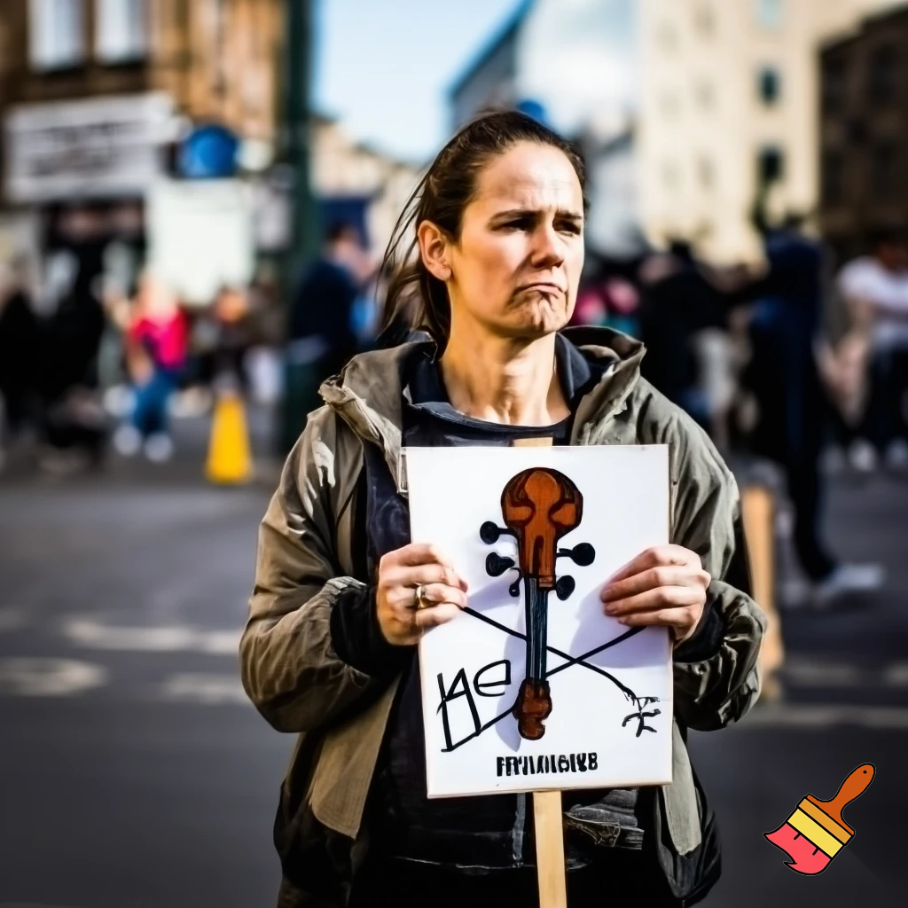 activist protesting violins with signs and pickets
