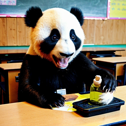 a panda teacher piking up a poshen bottle
