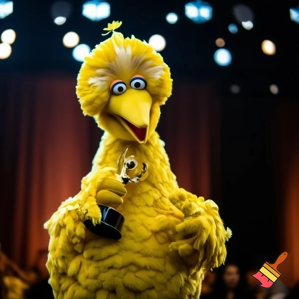 Big bird from Sesame Street winning a film award 