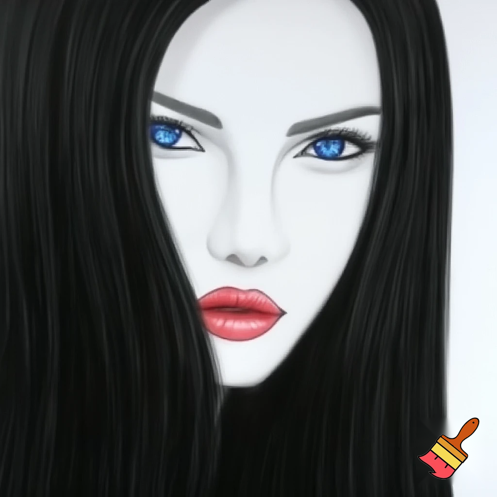 Female long black straight hair , ocean blue eyes, white skin drawing, no make and less 

 realistic and drawing 
Human draw