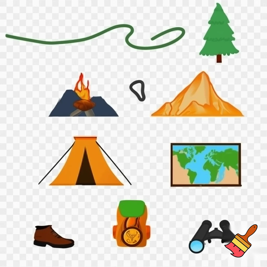 single icons of nature exploration in cartoon style : cord, fir tree, mountain, campfire, tent, carabiner, compass, backpack, world map, hiking shoe, binoculars
