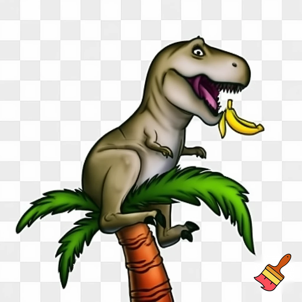 t rex sitting on palm tree eating a banana