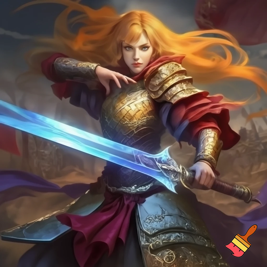 Golden orange crusader princess. Chinese style armor. Dynamic stance. Glowing blue sword. High quality. In the style of dungeons and dragons.