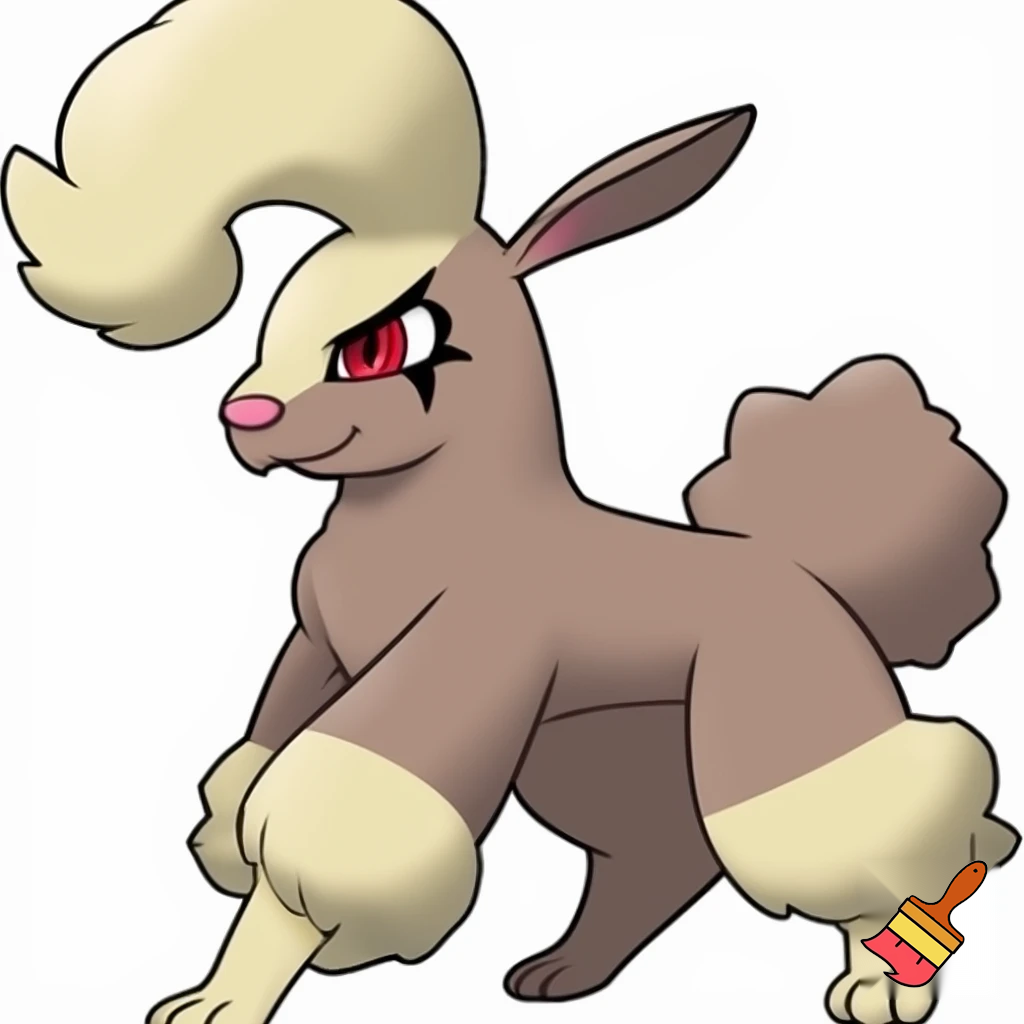 aLopunny is a graceful, anthromorphic bipedal rabbit Pokémon with a soft brown body, long, fluffy cream-colored fur on its ears, wrists, and lower legs, and distinctive large "eyebrow" tufts. It has red eyes with black markings, a small pink nose, and a short, round tail, often grooming its prominent ears and delivering powerful kicks Slender, half anthro girl humaniod rabbit-like, standing upright.