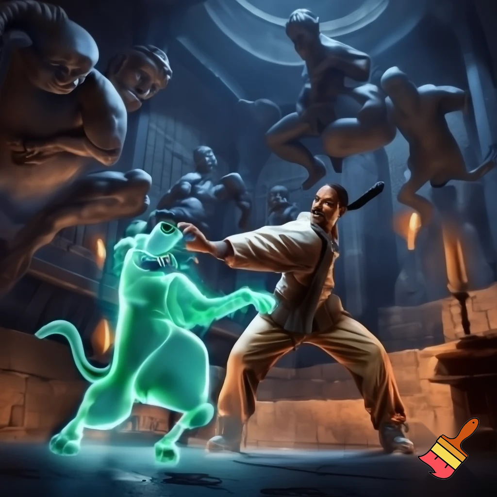 Snoop dogg fighting scoby doo in a fortress castle with moving statues of strong men