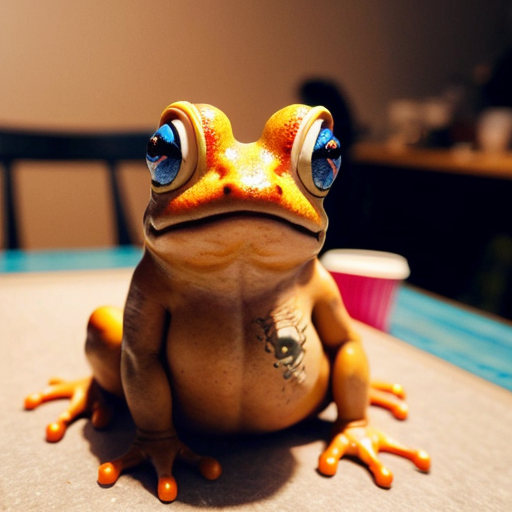 A hillarious, funny boho toad with some hippie colored coffee cups. Psychedelic decorated background.