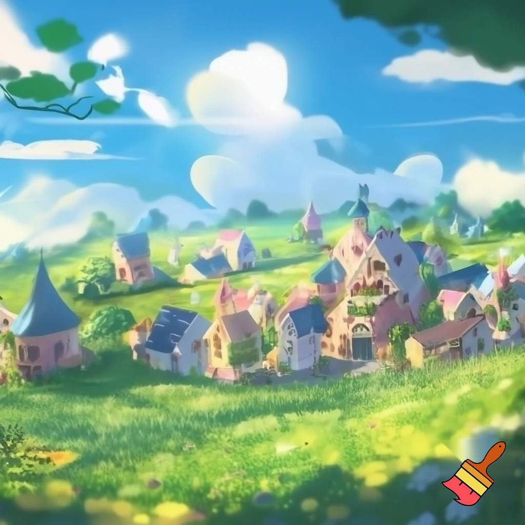 A cute town mythical town in a meadow. It has pastel color houses 