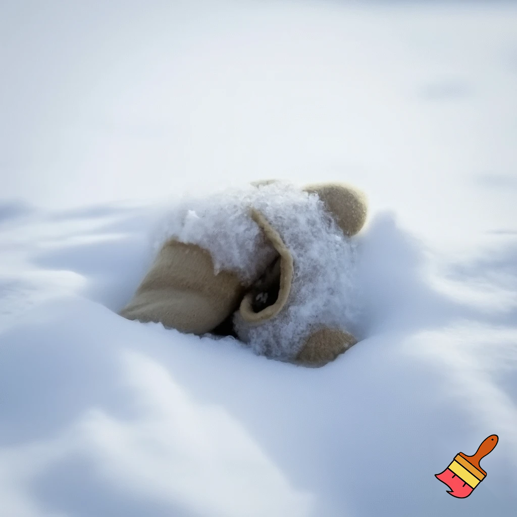  a dog stuffed animal with the stuffing still inside and he’s getting buried in very, very deep snow