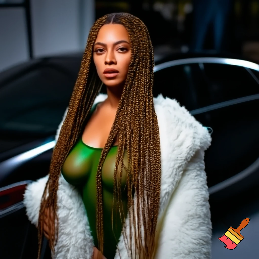 Beyonce with long african brown box braids with brown makeup wearing a dark pastel transparent green bodysuit with a white fur coat on standing in front of a car ,photoshoot, face angle face  ,face angle close up 6 differents poses