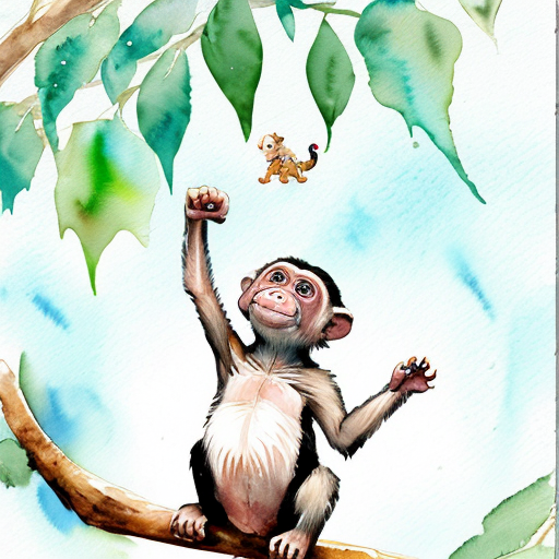 “Small monkey stuck on a tree branch, baby elephant looking up, watercolor children’s book style”