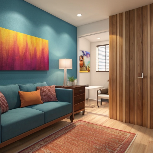 generate an interior picture of a room , 
commercial premises, with a 2.5-meter-long and 2.7-meter-high wall on the left, with 5 4-centimeter-wide pecan-colored boards on the left and right edges of the wall, and black wallpaper with gold-colored thin stripes in between. There is also a 60-centimeter-wide and 2-meter-high decorative panel with a floral pattern, and a 60-centimeter-wide and 2-meter-high mirror. the second wall begins with 50 cm of 4 cm wide pecked walnut-colored slats, followed by a 1.80 m long and 1.3 m high counter with a glass in the middle that is illuminated from the inside with yellow light, then 90 cm of slats that are pecked at regular intervals, and the wall ends with a door that matches the color of the counter. The third wall is covered with decorative plaster. Design this room in a modern and stylish manner.