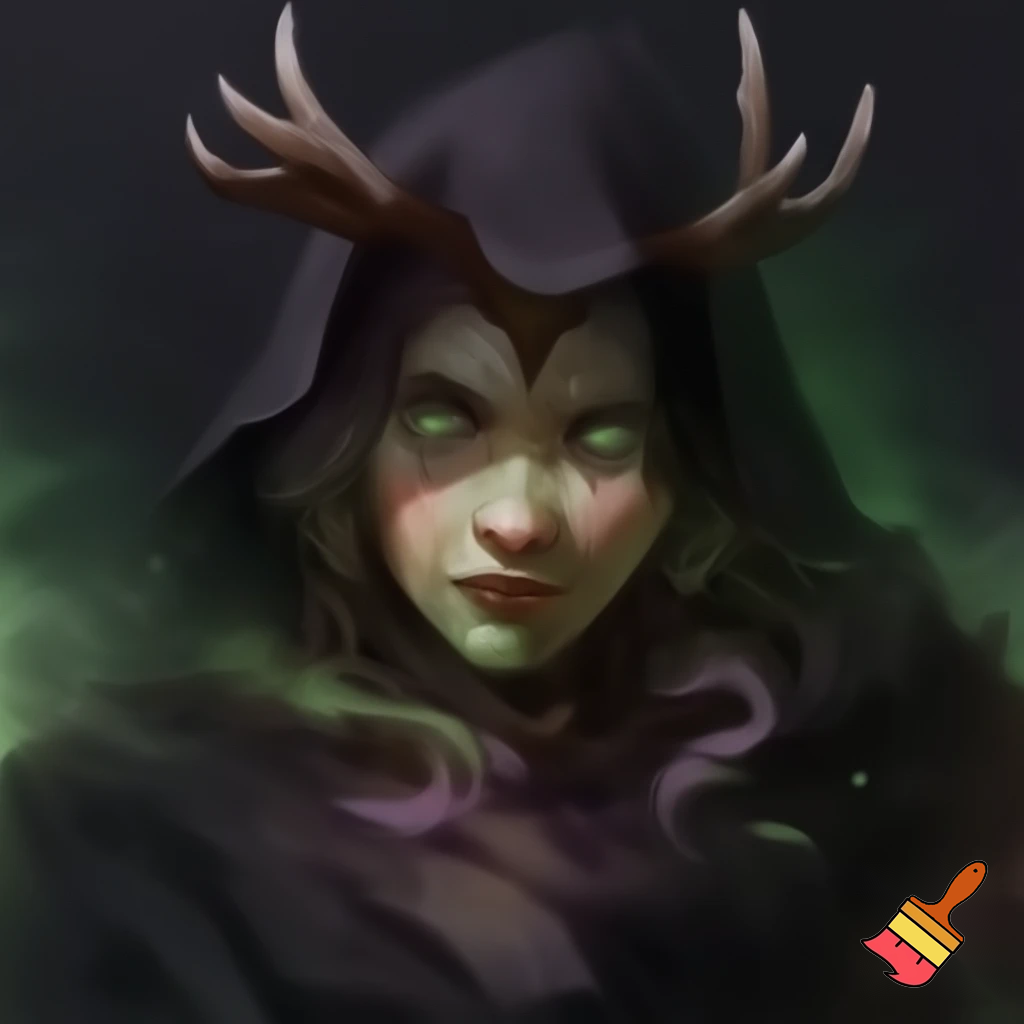 dnd druid rouge in all black with glowing eyes and small deer antlers