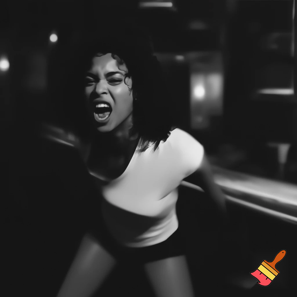 Beyonce with black short curly hair wearing a white shirt with shorts in a black setting moving screaming in a black & white bar ,she should be angry expression & furious 