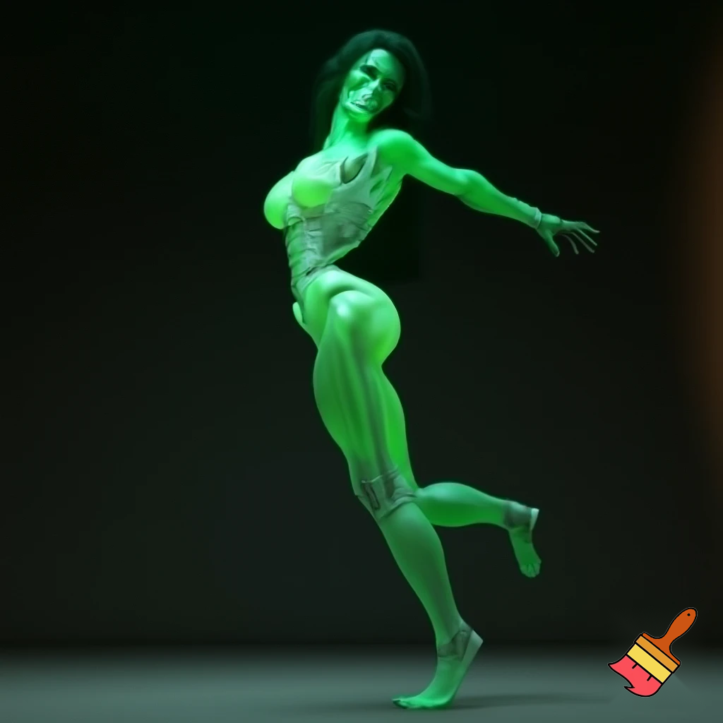 A glowing, green-hued skeletal muscular woman, reminiscent of She-Hulk's powerful physique with broad hips and defined bone structure, dances sensuous