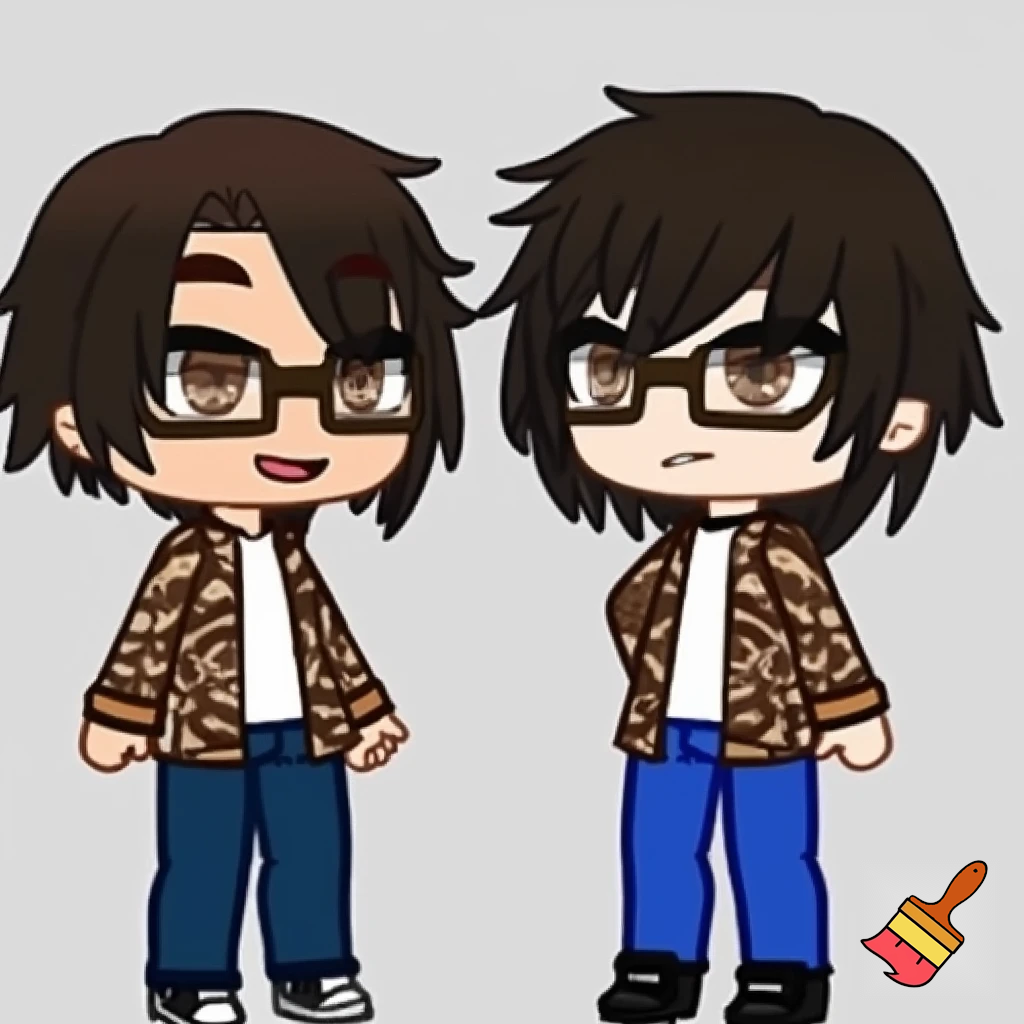 A Gacha brown boy with dark brown hair, brown glasses and a brown pattern jacket with a white shirt, blue pants and black shoes. 