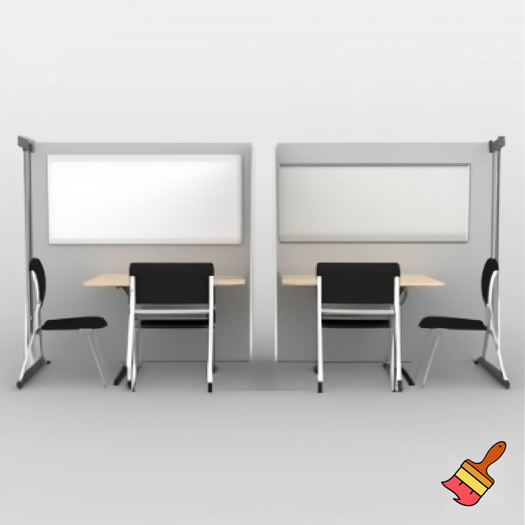 en arbejdsstation , som består af 2 vægge 1,5 m høje, som står overfor hinanden ( på den ene - er whiteboard, på den anden - en skærm), med et klapbord på den ene side af hver væg, 2 stole på begge sider af hvert klapbord