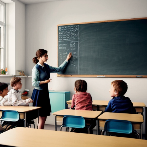 European teacher stands at the blackboard surrounded by children, a drawing in light colors