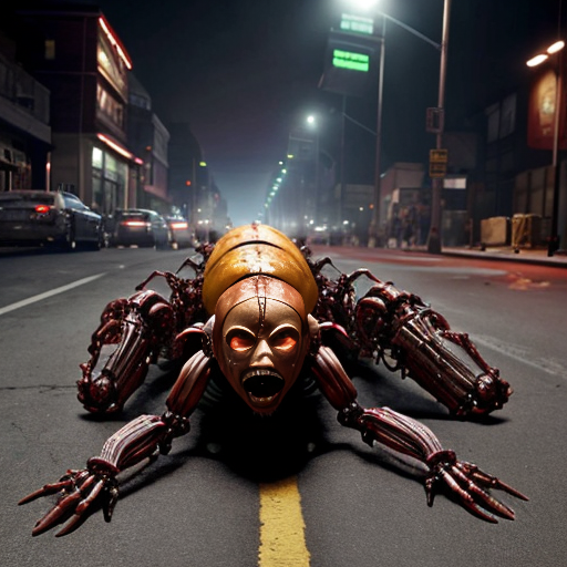 a rain-slicked city street at night, neon signs flickering through the haze as twisted biomechanical abominations shamble between overturned cars and shattered storefronts. These grotesque humanoid hybrids fuse pulsating organic tissue with rusted plating, their exposed muscle fibers writhing around hydraulic pistons, dripping blackened oil and viscera onto the cracked asphalt. Hazmat-suited figures scramble in the background, their glowing containment units casting an eerie green light on a bisected robot corpse—its still-twitching upper half dragging itself forward using torn intestinal cords as grappling hooks. Half-melted faces stretch across metal skull frames, jaws unhinging vertically to release guttural steam hisses as they clutch eviscerated human torsos like gruesome shopping bags. A towering construct with six spinal columns fused into a centipede-like tail crushes a streetlight underfoot, its dozen mismatched eyes reflecting the distant explosion ripping through the quarantine zone's barricades