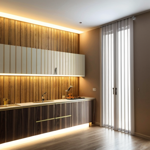 generate an interior picture of a room, with a 2.5-meter-long and 2.7-meter-high wall on the left, with 5 4-centimeter-wide pecan-colored boards on the left and right edges of the wall, and black wallpaper with gold-colored thin stripes in between. There is also a 60-centimeter-wide and 2-meter-high decorative panel with a floral pattern, and a 60-centimeter-wide and 2-meter-high mirror. the second wall begins with 50 cm of 4 cm wide pecked walnut-colored slats, followed by a 1.80 m long and 1.3 m high counter with a glass in the middle that is illuminated from the inside with yellow light, then 90 cm of slats that are pecked at regular intervals, and the wall ends with a door that matches the color of the counter. The third wall is covered with decorative plaster. Design this room in a modern and stylish manner.